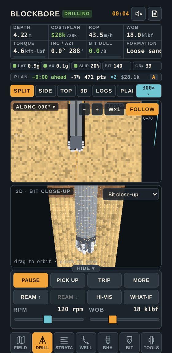 Drilling screen with the side view of the well and the bit close-up